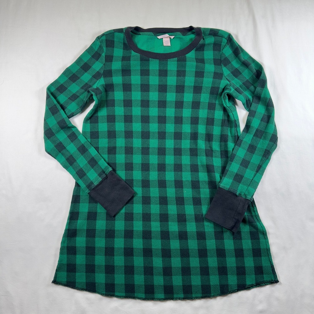 Victoria's Secret Womens Medium Green Black Plaid Thermal L/S Sleep Shirt Pajama